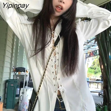 Yipinpay Street Style Long Sleeve White Shirt Women Punk Bandage Hollow Out Za Shirts 2023 Autumn New Female Blouse Tunic Clothing